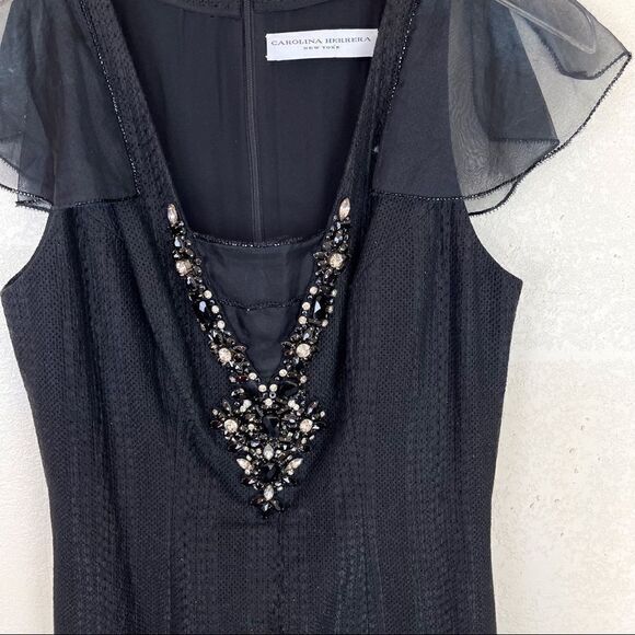 Carolina Herrera Black Tweed Gem Rhinestone Cocktail Dress Size 6 - Picture 4 of 10